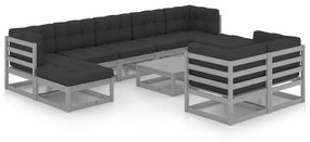 vidaXL 10-delige Loungeset met kussens massief grenenhout grijs