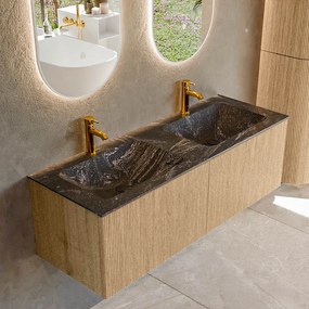 Mondiaz Kurve-dlux 130cm badmeubel oak met 2 lades en wastafel leaf dubbel 2 kraangaten lava