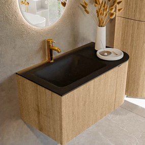 Mondiaz Kurve 85cm badmeubel ronding rechts oak met 1 lade en deur en wastafel cloud kraangat links urban