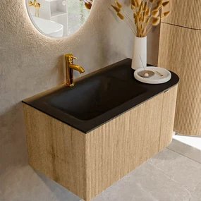 Mondiaz Kurve 85cm badmeubel ronding rechts oak met 1 lade en deur en wastafel cloud kraangat links urban