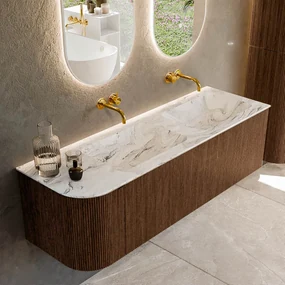 Mondiaz Kurve-dlux 145cm badmeubel ronding links walnut met 1 lade en deur en wastafel leaf dubbel/rechts zonder kraangat glace