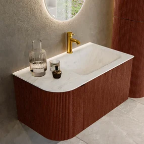 Mondiaz Kurve-dlux 85cm badmeubel ronding links ruby met 1 lade en deur en wastafel cloud kraangat rechts opalo