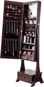 VEVOR Spiegelkast voor Sieraden, Staande Spiegel met Opbergruimte, Afsluitbare Sieradenspiegel Organizer met Spiegel over de Volledige Lengte & Fluwelen Voering & LED Binnenverlichting & Lade, Sieradenkast Bruin