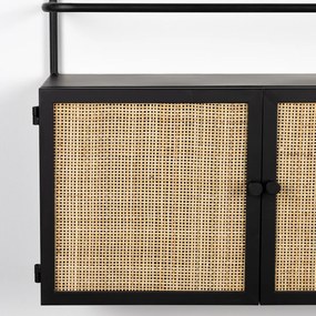 Muur Wijnrek Zwart Met Rotan - 60x18x100cm.