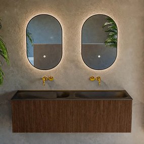 Mondiaz Kurve 140cm badmeubel walnut met 2 lades en wastafel big small dubbel zonder kraangat urban