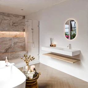 Zaro Alan badmeubel 140cm met planchet washed oak en vrijhangende wastafel cloud rechts 1 kraangat talc