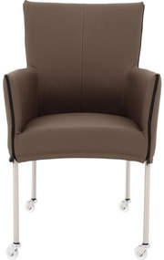 Goossens Eetkamerstoel Funk RVS Poten bruin leer met armleuning en met wielenTransparant skater wiel met rvs kap, modern design