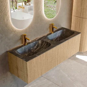 Mondiaz Kurve-dlux 140cm badmeubel oak met 2 lades en wastafel stor small dubbel 2 kraangaten lava