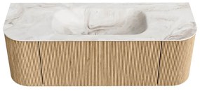 Mondiaz Kurve-dlux 130cm badmeubel ronding links/rechts oak met 1 lade en 2 deuren en wastafel big small midden 1 kraangat frappe