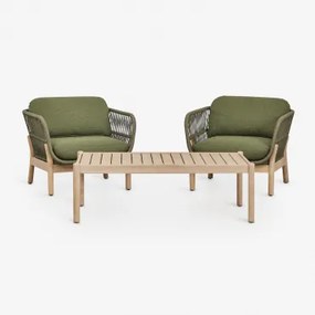 Tuinset Met 2 Fauteuils En Salontafel In Acaciahout En Karvia Gevlochten Touw Lichte Acaciekleur & Bouclé Groen – Salie - Sklum