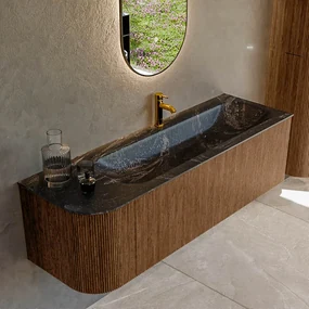 Mondiaz Kurve-dlux 145cm badmeubel ronding links walnut met 1 lade en deur en wastafel big large kraangat rechts lava