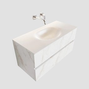 Zaro Sevilla Solid Surface badmeubel 100cm wit marmer zonder kraangat spoelbak midden met 2 lades