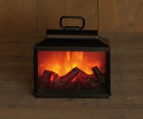 Lantaarn met haard - zwart - L18 x B9 x H16 cm - ledverlichting met vlameffect - met timer - werkt op batterijen