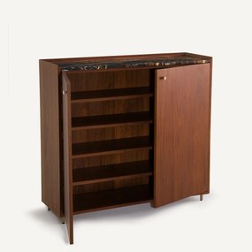 Halmeubel in notenhoutfineer met amberkleurig marmeren blad, Noham