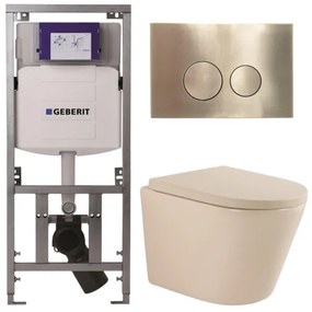 QeramiQ Dely Toiletset - 36.3x51.7cm - diepspoel - rimless - Geberit UP320 inbouwreservoir - softclose toilet zitting 35 mm - geborsteld messing bedieningsplaat - ronde knoppen - mat beige SW1000764/SW1000771/0701131/SW706200