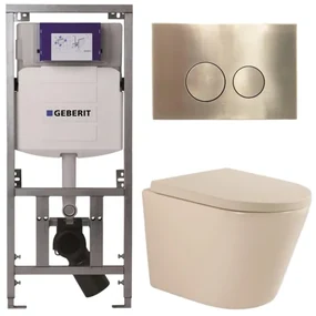 QeramiQ Dely Toiletset - 36.3x51.7cm - diepspoel - rimless - Geberit UP320 inbouwreservoir - softclose toilet zitting 35 mm - geborsteld messing bedieningsplaat - ronde knoppen - mat beige SW1000764/SW1000771/0701131/SW706200
