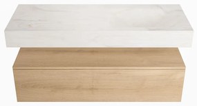 Mondiaz Alan DLux badmeubel 120cm washed oak 1 lade met wastafel ostra rechts 1 kraangat