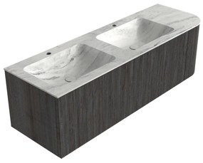 Mondiaz Kurve-dlux 145cm badmeubel ronding rechts shadow met 1 lade en deur en wastafel leaf dubbel/links 2 kraangaten opalo