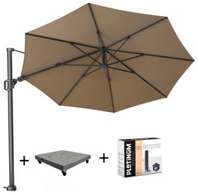 Challenger T2 zweefparasol 350 cm rond taupe met 120KG voet en hoes