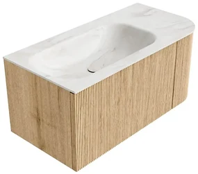 Mondiaz Kurve-dlux 95cm badmeubel ronding rechts oak met 1 lade en deur en wastafel big small kraangat links ostra