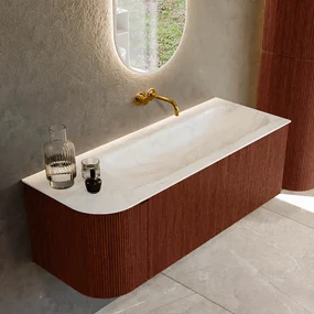 Mondiaz Kurve-dlux 125cm badmeubel ronding links ruby met 1 lade en deur en wastafel big medium rechts zonder kraangat ostra