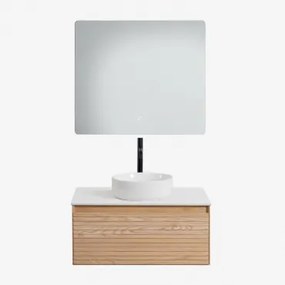 Tedrik Zwevend Badkamermeubelset 80x50 Cm In Essenhout Ash Brown & Rond Keramiek Wit Ø40 Cm Lenka & Rechthoekige Led En Anticondens 80x70 Cm Riben -