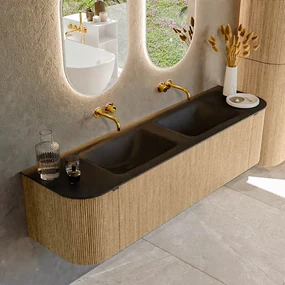 Mondiaz Kurve 170cm badmeubel ronding links/rechts oak met 1 lade en 2 deuren en wastafel cloud dubbel zonder kraangat urban