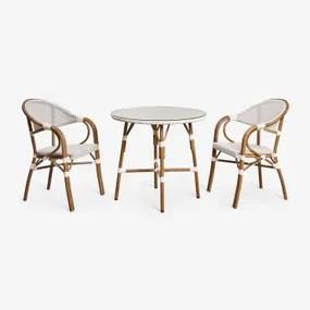Brielle Bistro Ronde Tafelset, Ø80 Cm, En Twee Stapelbare Eetkamerstoelen Met Armleuningen Van Aluminium. Gardenia Wit - Sklum