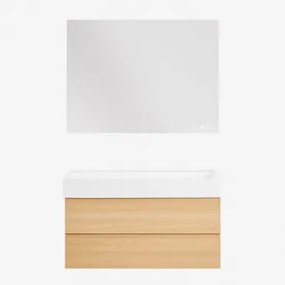 Ona Zwevend Badkamermeubelset Van Hout En Essenfineer Met Geïntegreerde Wastafel Natuurlijk Hout & Rectangular Led And Antifog 120x90 Cm Riben - Sklum
