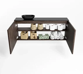 Mondiaz Fowy toiletmeubel 120cm dark brown met zwarte waskom links zonder kraangat