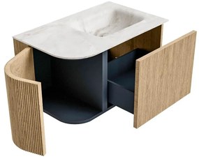 Mondiaz Kurve-dlux 75cm badmeubel ronding links oak met 1 lade en deur en wastafel grunne kraangat rechts frappe