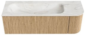 Mondiaz Kurve-dlux 135cm badmeubel ronding rechts oak met 1 lade en deur en wastafel big medium links zonder kraangat ostra
