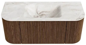 Mondiaz Kurve-dlux 110cm badmeubel ronding links/rechts walnut met 1 lade en 2 deuren en wastafel cloud midden zonder kraangat frappe