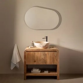 Vacry Houten Badkamermeubelset Acacia Bruin & Ovaal Led En Anticondens 100x80 Cm Riben & ↔︎ 90 Cm & Mat Zwart ↑30 Cm Met Aftapkraan Zond - Sklum