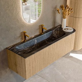 Mondiaz Kurve-dlux 145cm badmeubel ronding rechts oak met 1 lade en deur en wastafel big large links 2 kraangaten lava