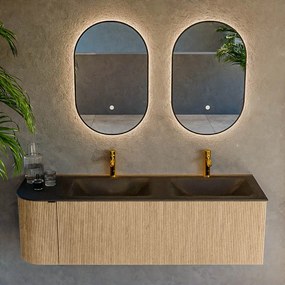 Mondiaz Kurve 145cm badmeubel ronding links oak met 1 lade en deur en wastafel cloud dubbel/rechts 2 kraangaten urban