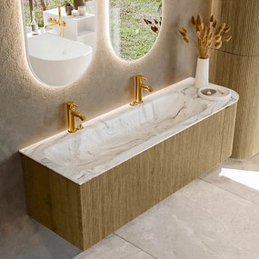 Mondiaz Kurve-dlux 145cm badmeubel ronding rechts dusk met 1 lade en deur en wastafel big large links 2 kraangaten glace