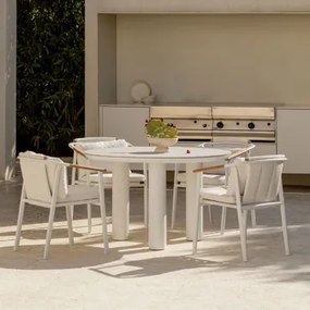 Ronde Tafelset Arken, Ø120 Cm, In Keramiek En Aluminium, En 4 Yervin Tuinstoelen Met Armleuningen, In Aluminium En Bouclé Stof. Parelwit - Sklum