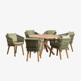 Set Van Ronde Houten Tafel (ø120 Cm) Naele En 6 Barker Eetkamerstoelen Bamboe Groen - Sklum