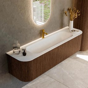 Mondiaz Kurve 170cm badmeubel ronding links/rechts walnut met 1 lade en 2 deuren en wastafel big large midden 1 kraangat