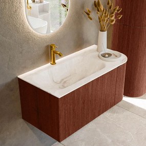 Mondiaz Kurve-dlux 95cm badmeubel ronding rechts ruby met 1 lade en deur en wastafel big small kraangat links frappe