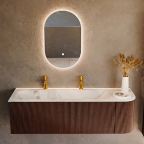 Mondiaz Kurve-dlux 145cm badmeubel ronding rechts ruby met 1 lade en deur en wastafel big large links 2 kraangaten opalo