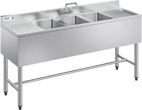 VEVOR 3-koms spoelbak met 2 afvoeren en spatbescherming, keuken spoelbak (1524 x 470 x 838 mm), keuken spoelbak voor restaurants, foodtrucks en privégebruik, roestvrijstalen spoelbak met kraan