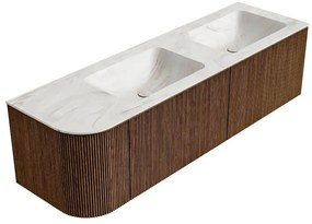Mondiaz Kurve-dlux 155cm badmeubel ronding links walnut met 2 lades en 1 deur en wastafel leaf dubbel/rechts 2 kraangaten ostra