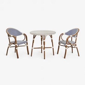 Brielle Bistroset Van Ronde Tafel 80 Cm En 2 Stapelbare Aluminium Tuinstoelen Met Armleuningen Ken Blauw - Gardenia Wit - Sklum