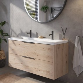 Saqu Lima badmeubel incl. mat witte wastafel met 2 kraangaten 120x52x64cm naturel eiken – mat zwarte greep