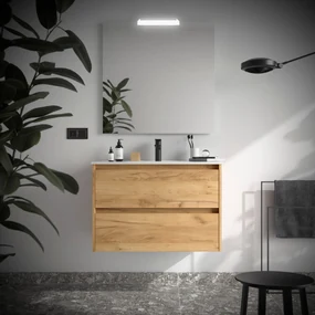 Muebles Project badmeubel 90cm met 2 lades en wastafel warm eiken