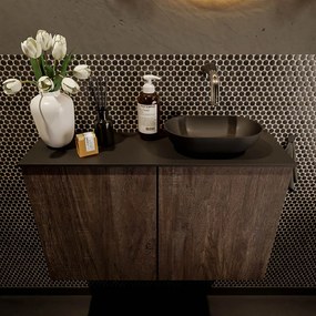 Mondiaz Fowy toiletmeubel 80cm dark brown met zwarte waskom rechts zonder kraangat