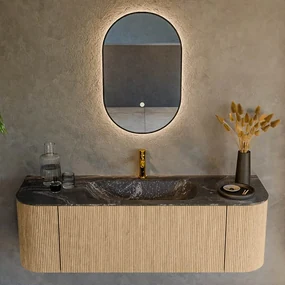 Mondiaz Kurve-dlux 140cm badmeubel ronding links/rechts oak met 1 lade en 2 deuren en wastafel big small midden 1 kraangat lava