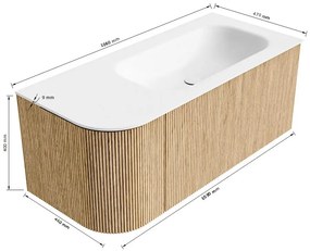 Mondiaz Kurve 105cm badmeubel ronding links oak met 1 lade en deur en wastafel big small rechts zonder kraangat urban
